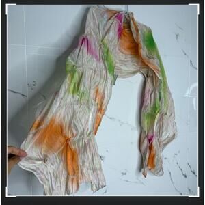 Tie Dye Ruffle Crunched Stripe Silk Lustrous Silk Scarf Rosette Colorful Resort